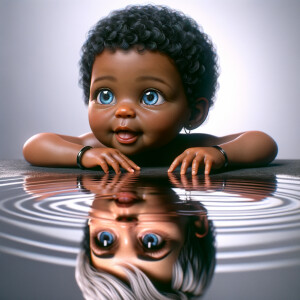 A curious cute african-American, baby with huge blue eyes and cu...