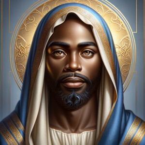 Create a beautiful African-American Jesus Christ with Hazel, brown eyes and blue and gold robe