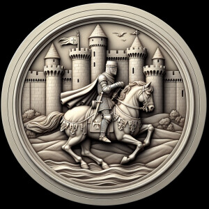 3d bas relief of a knight templar on a horse in front of a castl...
