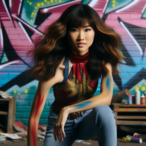 teenage girl, long brown hair and bangs, wearing tight skinny jeans and a halter top paint marks on her clothing, heroic pose Asian graffiti background, nearing on one knee