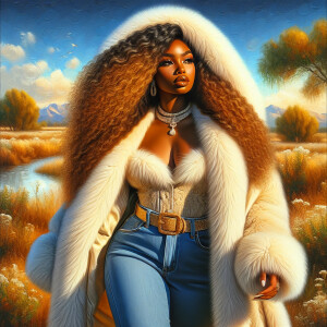 Craft a 4K glossy oil painting portraying a regal, plus-size Afr...