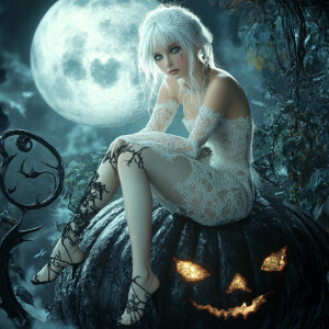 whimsical alluring female ghost , large expressive eyes, ornate...