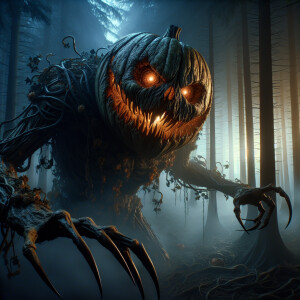 A grotesque colossal pumpkin-head creature with glowing eyes, cr...