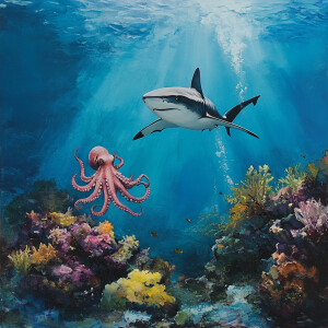Depict a serene underwater scenario showcasing a shark gliding e...