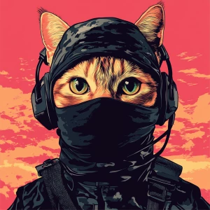 A wide-eyed ginger cat wearing a black tactical balaclava (or ma...