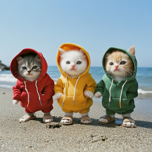 Three small cream kittens wearing red, yellow and green hoodies...