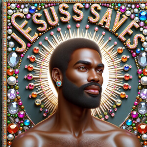 "Create a 3D realistic artwork featuring the phrase 'Jesus Saves...
