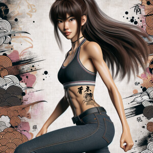 Very thin Athletic Thin skinny Attractive, Asian teenage girl, long brown hair and bangs, wearing tight skinny jeans and a halter top paint marks on her clothing, heroic sideways pose Asian graffiti background