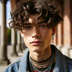 A 1990s American  teen boy with curly slightly long hair wearing...