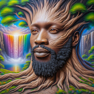 A hyper-realistic 3-D oil painting depicting a tree integrated w...