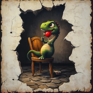 A cute little dinosaur with a guilty expression, is sitting on a vintage reading chair with wooden legs. He has a red lollipop in his hand and is licking it. His tongue shows that he is licking the lollipop. The scene is shown in dark lighting with the light accented on the dinosaur. The scene is shown through a hole in the wall. The floor part of the scene is vintage cobble stones. The hole in the white plaster wall is realistic with some cracks.