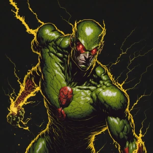 Depict Reverse Flash in a dynamic pose, surrounded by crackling...