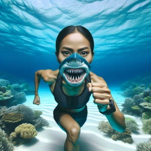 Full-body photograph of a muscular, shark-like woman, with an op...