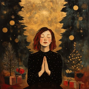 Image of a woman expressing gratitude amidst a warm, festive Chr...