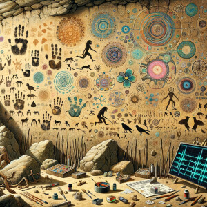 Cave Art with Handprints symbols for fire, water and air, macro, circuitry, cellular structures, DNA paint brushes and artc pallets small birds, flying cardiogram print out slide detector print electromagnetic fields linear grid golden ratio