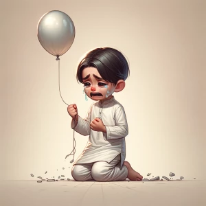 A little boy in white kurta pajama crying while holding a broken...