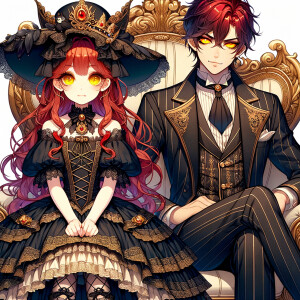 A girl with elegant gothic lolita dress sit beside handsome Lucifer, the girl has red wavy hair and golden eyes, thrones