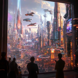 A holographic display of a futuristic cityscape towers above the...
