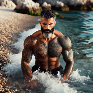 Describe the image of a muscular man with an extensive tattoo on...