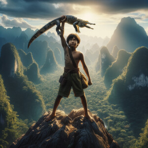 A young jungle boy at the age of five holding a crocodile above his head, on top of a mountain at the edge, standing over a large forest in Central Asia, photorealistic, a striking cinematic angle, cinematic lighting, midday