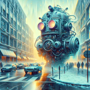 Street scene, cold colors, robot close-up, dim, doomsday feeling...