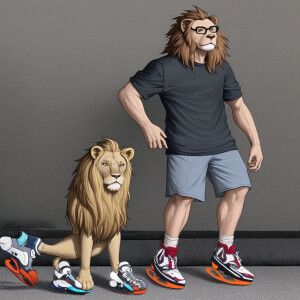 Lion wearing glasses and sports shoes on skates after scared dog...