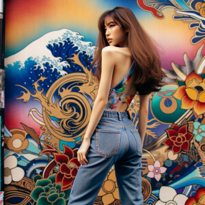 Attractive, Asian teenage girl, long brown hair and bangs, wearing tight skinny jeans and a halter top paint marks on her clothing, backside view heroic pose Asian graffiti