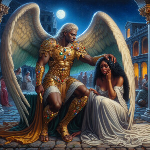 Create an oil painting image featuring a male angel and a grievi...