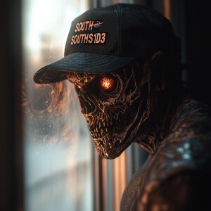 An intricately detailed Freddy Krueger, half face skull, wearing...