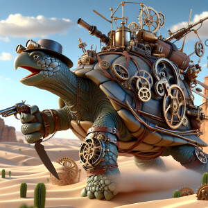 3D animated explorer turtle steampunk style, in a steampunk dese...