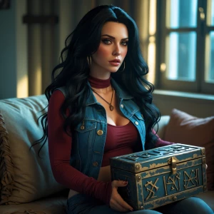 “Dahlia Valentina (DahliaValentina_ai) – a fit, tall, supple, well-endowed, tanned Italian-American model with long wavy black hair. Depict her sitting on a cozy couch in a softly lit room, wearing a casual, edgy outfit: a dark red long-sleeve top layered under a denim vest. Her expression is thoughtful and slightly mysterious. She’s holding an ancient-looking, weathered box with strange symbols etched on it, suggesting a hidden secret or relic. The atmosphere is tense yet intimate, with natural daylight streaming through the windows, casting soft shadows.”