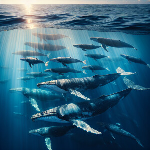 A pod of majestic blue whales gracefully gliding through the cry...