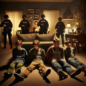 4 caucasian male teens handcuffed, laying flat face down on the...