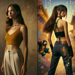 Athletic Thin skinny Attractive, Asian teenage girl, long brown hair and bangs, wearing tight skinny jeans and a halter top paint marks on her clothing, heroic pose Asian graffiti background, backside view