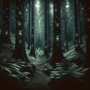 "Haunted forest, ghostly eyes staring."