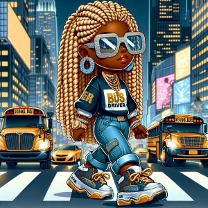 Create a stylish and confident Chibi-style school bus driver, a...