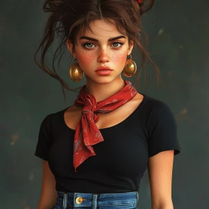 girl with brown hair, thick eyebrows, pumped up lips, potato nos...