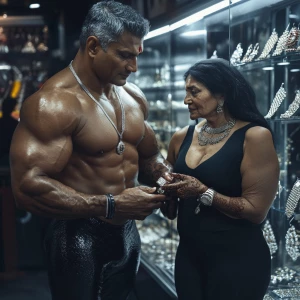 Wealthy Indian man with a muscular build, glistening with sweat,...