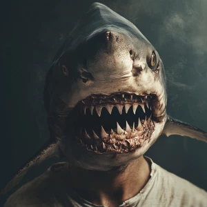 A  man's face transforming into a shark's snout.