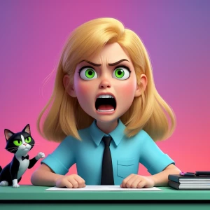 A cartoon of a blond girl with green eyes sitting at a neat a cl...