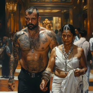 hyperrealistic painting,a muscular, tattooed employer man and hi...