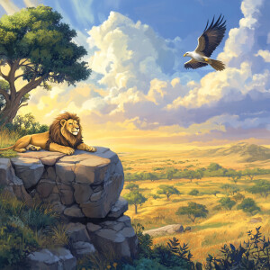Illustrate a serene scene where a lion lounges on a rock outcrop...