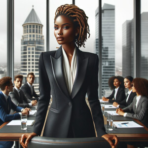 Describe a sophisticated Black woman with a caramel 
complexion, styled locs, and a sleek business suit, leading 
a boardroom discussion on environmental sustainability in 
a sleek urban office building."