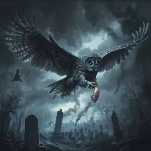 Great Grey Owl with large wingspan clutching a severed arm in it...