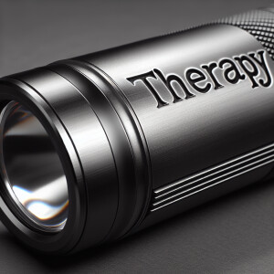 Design a sleek black metal flashlight with the word "Therapy" en...