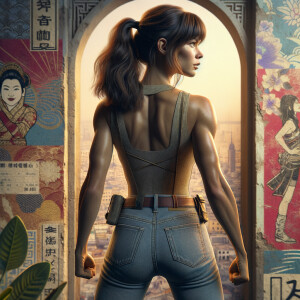 Athletic Thin skinny Attractive, Asian teenage girl, long brown hair and bangs, wearing tight skinny jeans and a halter top paint marks on her clothing, heroic pose Asian graffiti background, backside view