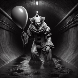 greyscale macabre demonic clown inspired by pennywise from the m...
