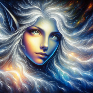 In the ethereal world of the painting, a luminous elf with flowi...