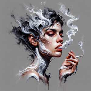 A acrylic paint portrait of a lady smoking a cigarette, in the s...