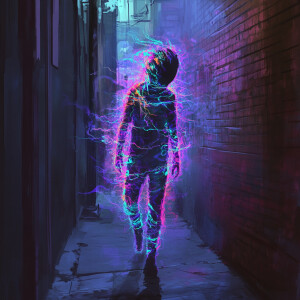 Create a digital illustration of Shadowlight, a sprite-like neon...
